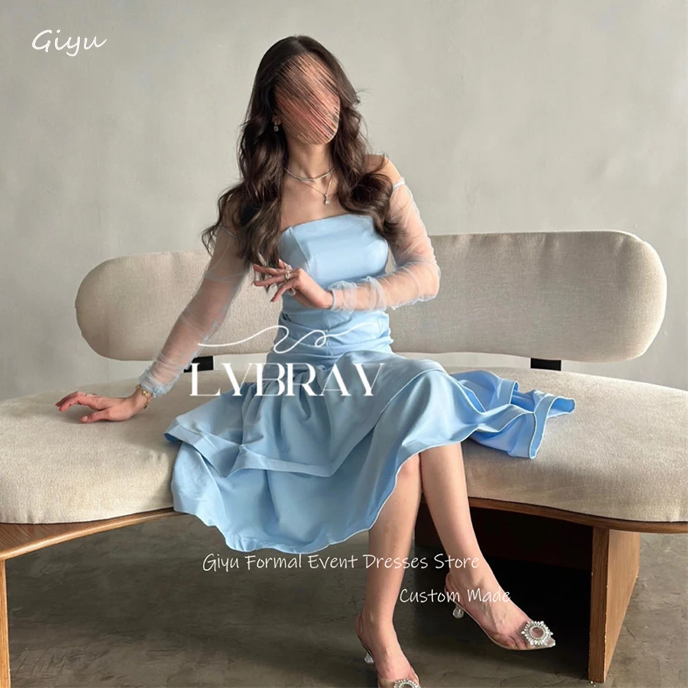 Giyu Simple Light Blue Short Prom Party Dresses Arabic Women Long Sleeves Strapless Tiered Mini Cocktail Dress Event Gowns