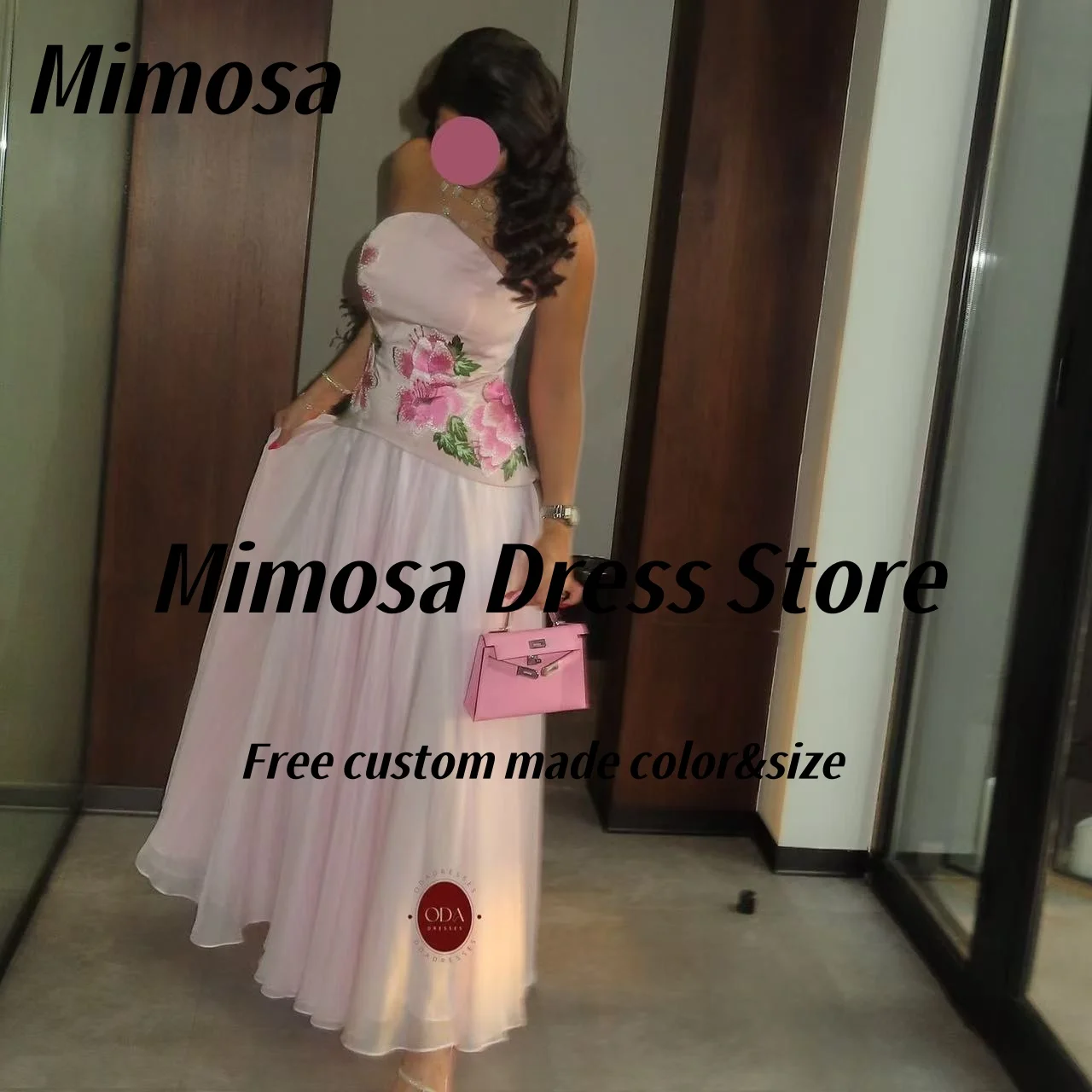 Mimosa 2025 vestidos de fiesta sin tirantes con bordado de flores, vestido de noche a medida, vestido de fiesta de gasa fruncido personalizado