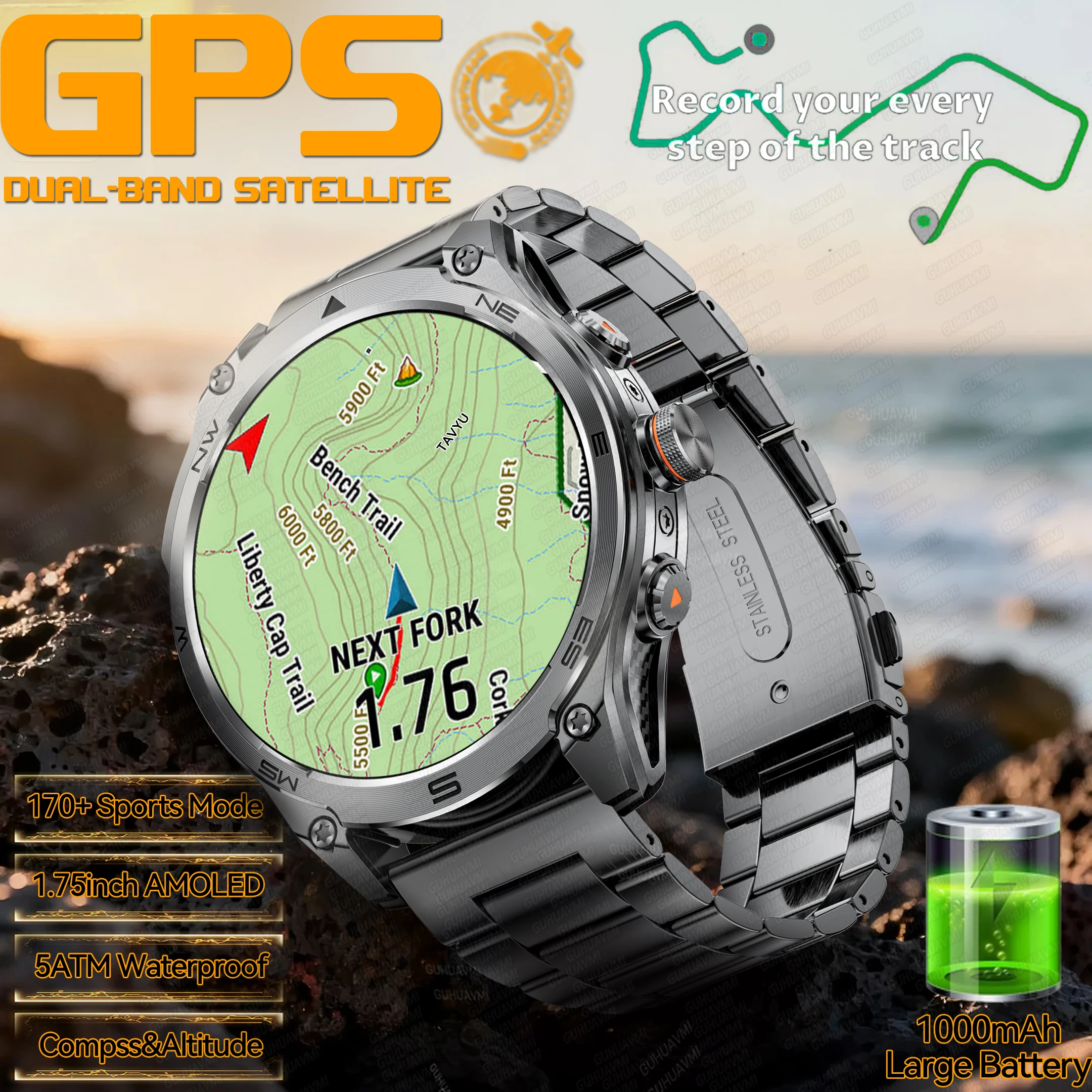 

2025Новые GPS-позиции, военный класс, 1000 мАч, часы с аккумулятором, 5 АТМ, водонепроницаемые умные часы, мужские компасы, BT Call, 1,75 дюйма, умные часы IOS