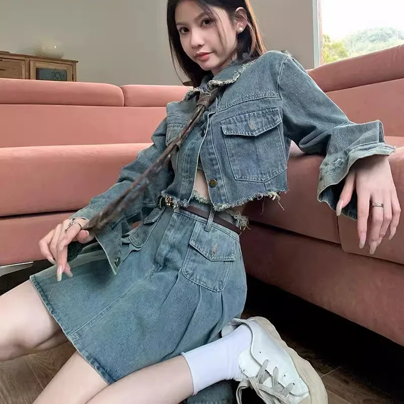 DENIM จีบชุดผู้หญิง VINTAGE Crop Cool สาวแขนยาวกระเป๋าเสื้อ Slim A-Line เอวสูงเผ็ดที่แพร่หลาย Hipster