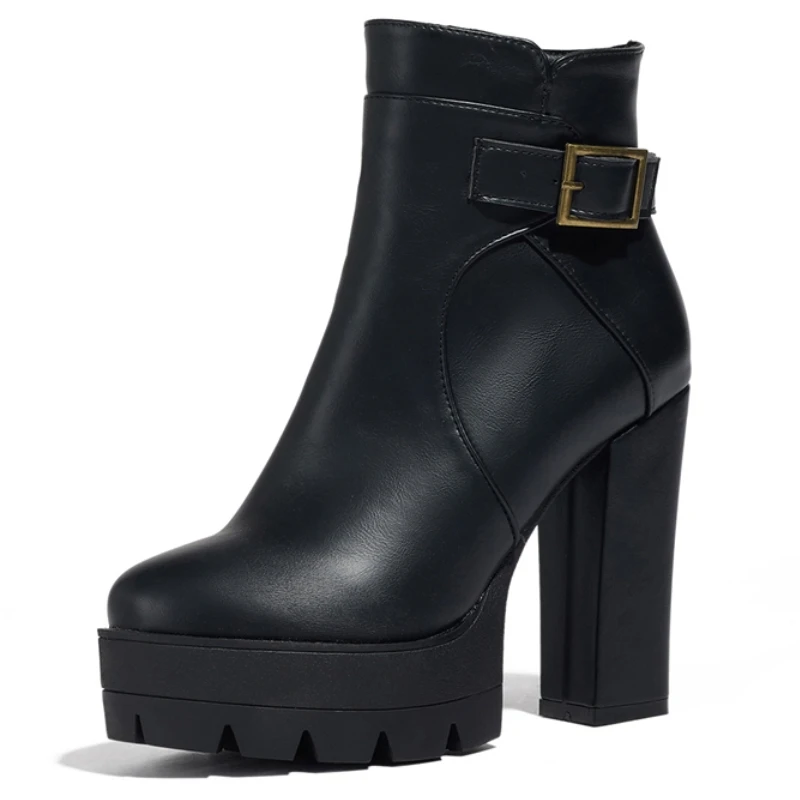 

Black Women's Ankle Boots Platform Autumn Spring Motorcycle Boot 2026 Buckle Sexy Brown Gothic High Heels Party Footwear Shoes