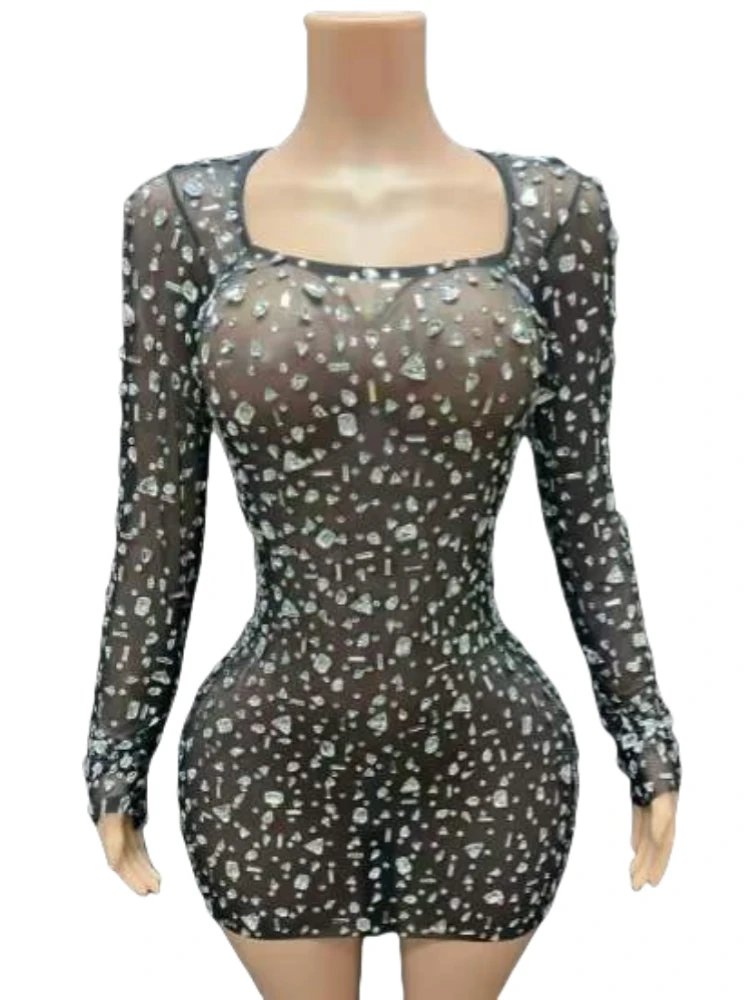 Black Nude Crystals Rhinestone Short Dress For Women Long Sleeve Sexy Party Night Club Wear Birthday Drag Queen Costume 2024