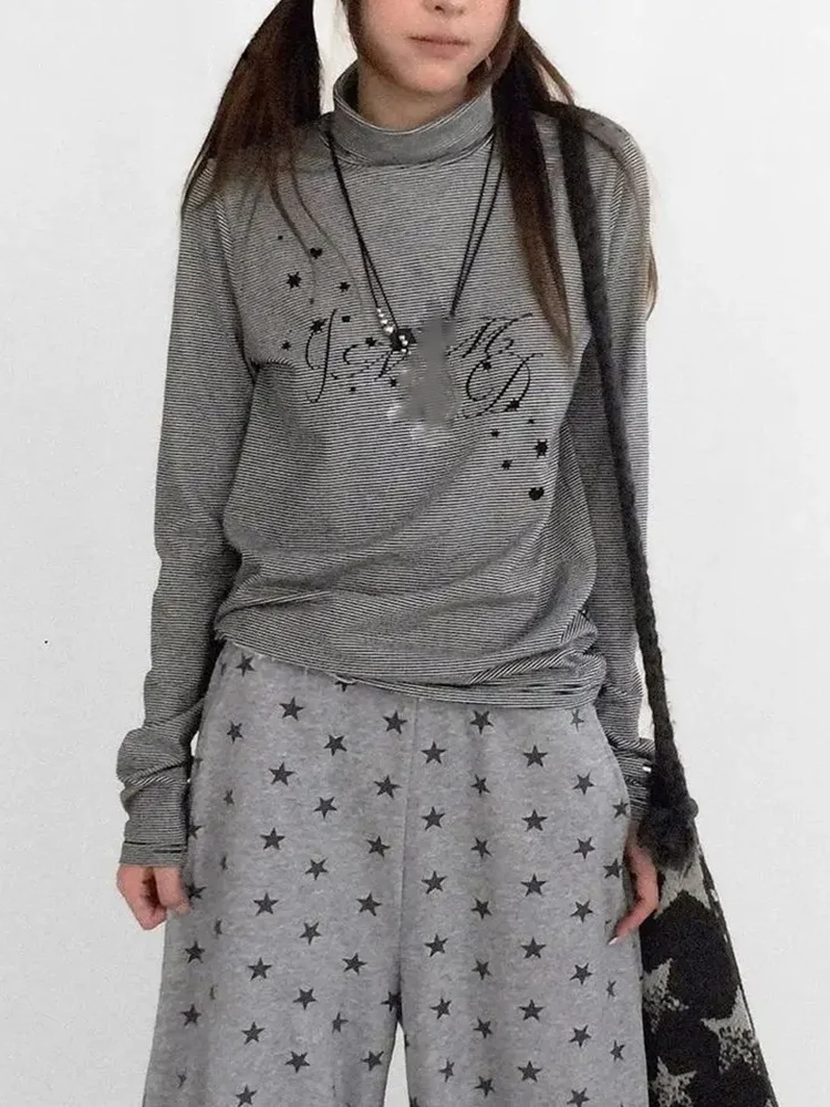 Striped Star Print Half High Collar Tshirts Women Retro Casual Long Sleeve Base Tops Korean Y2k Aesthetic Grunge Tees