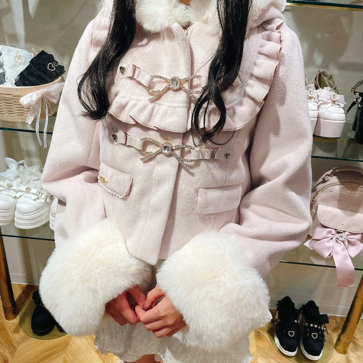 Jaket Wol Pendek Bergaya Lolita Jepang Musim Dingin 2025, Lucu dengan Pita, Jaket Berbulu Hangat Berkerudung untuk Wanita, Model Slim Fit Elegan