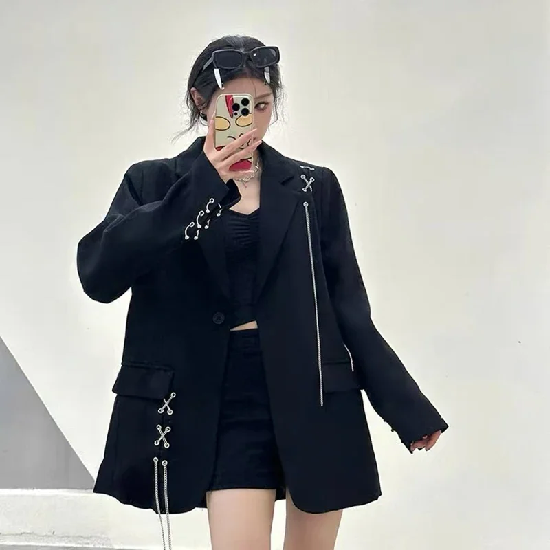 Black Women Y2k Autumn Fashion Streetwear Chain Decoration Suit Jackets Korean Oversized Casual A Button Coats