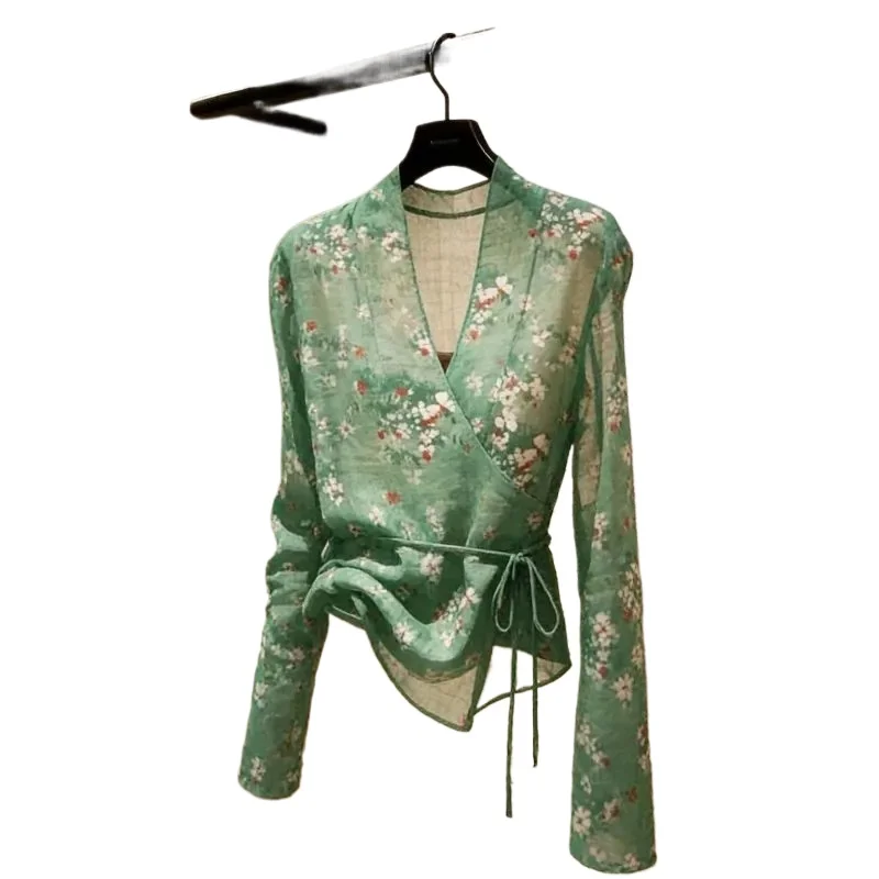 Good-looking Green Shirt Tops Women's Shirts Blouse 2026 Summer New V Collar Long Sleeves Temperament Printed Shirt