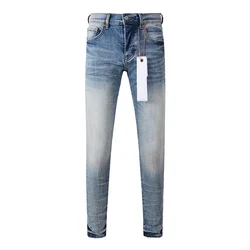 Men's American Streetwear Distressed Skinny Button Fly Ripped Holes Jeans Pants