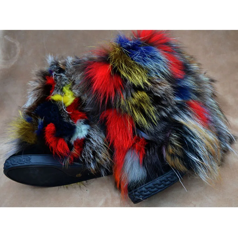 

Colorful Fox Fur inner Increased Wedge Snow Boots Woman Multicolor fur Patchwork hidden Wedged heel Winter Fur boots