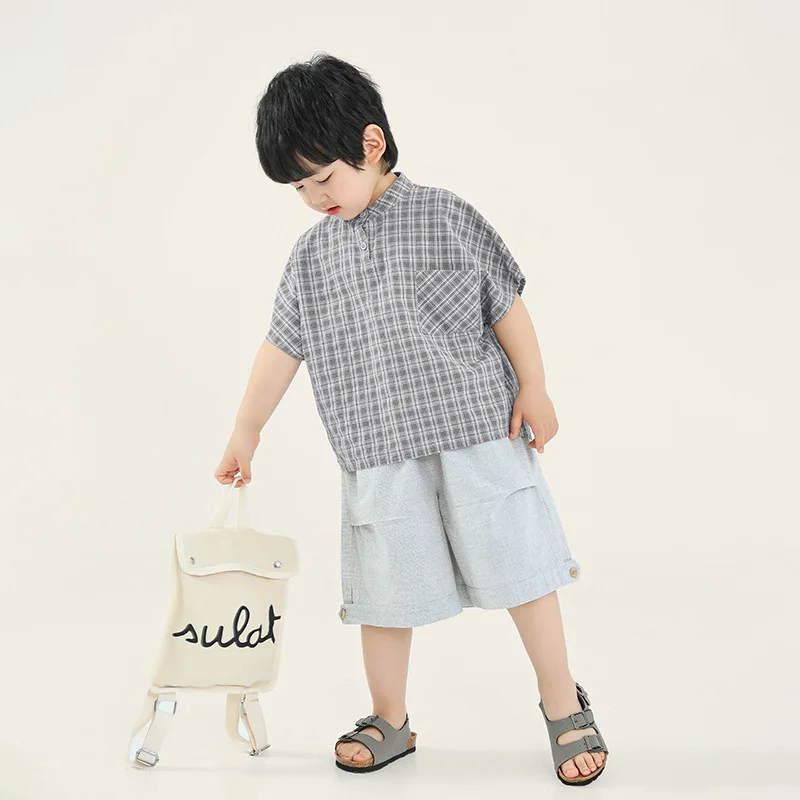 2026 Summer New Hot Selling Boys' Small Checkered Half High Collar Loose Cotton T-shirt