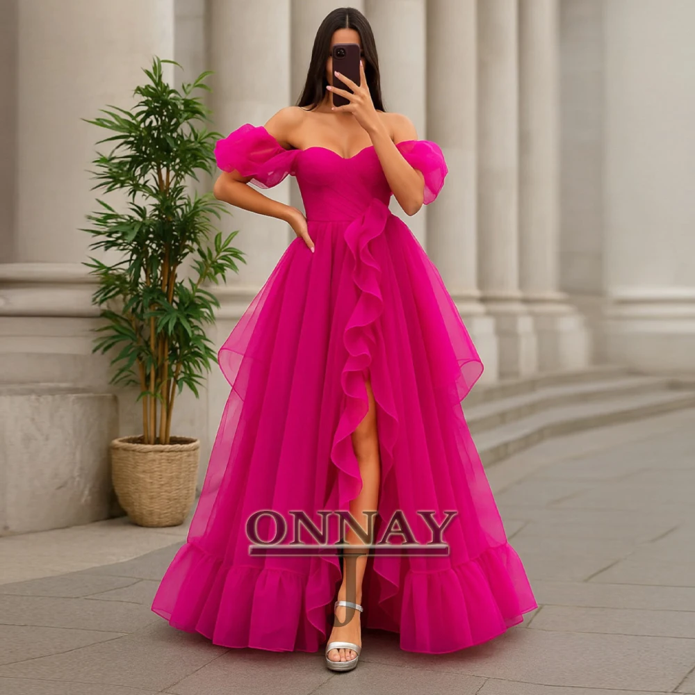 

Customized Charm Organza Evening Dresses Puffy Sleeves with Slit Dubai Saudi Vestidos De Fiesta Bespoke Pageant Gown Plus
