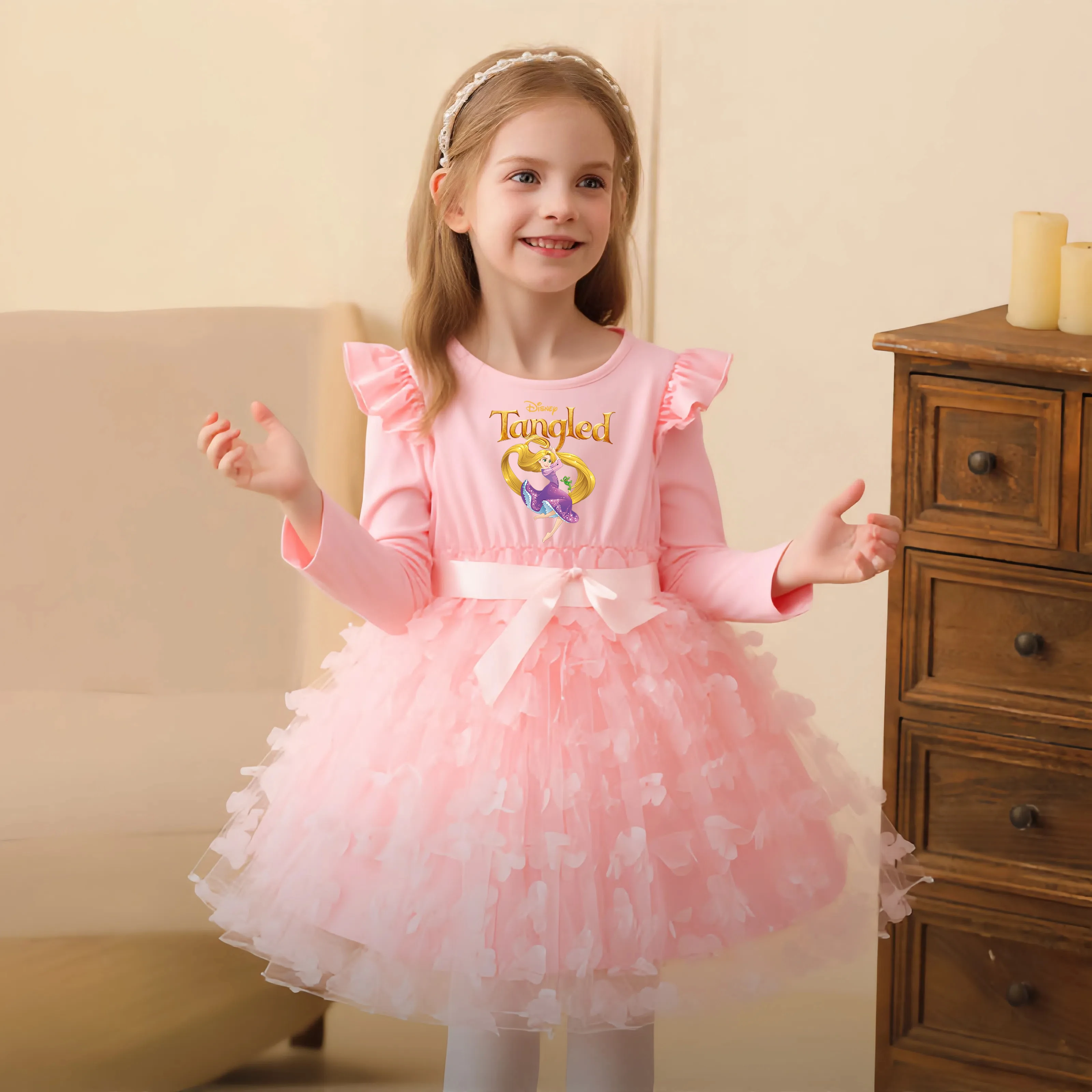 متشابكة رابونزيل الأميرة الخريف فتاة فستان القوس توتو فراشة فساتين غير رسمية طويلة الأكمام الفتيات ملابس الاطفال فستان عيد ميلاد 2-6Y