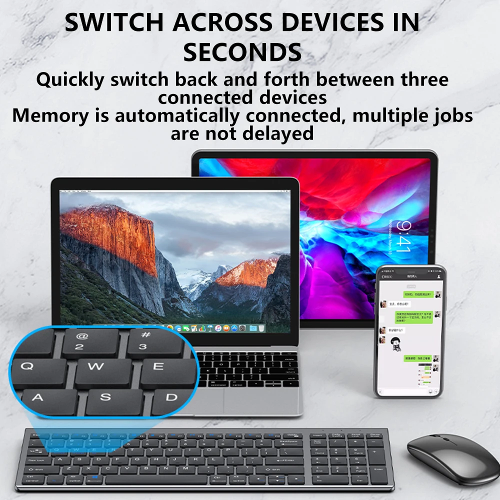Tastiera Bluetooth Wireless combinazione di tastiera e Mouse Wireless a tre modalità silenziosi a grandezza naturale per Tablet PC Desktop portatile Notebook
