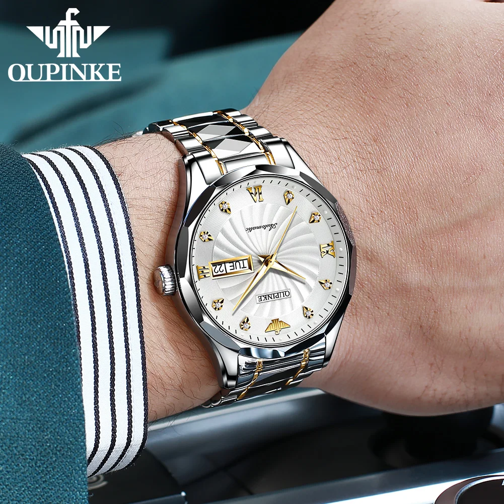 OUPINKE 3169 Original Luxury Business Automatic Mechanical Watch Tungsten Steel Day Date Luminous Waterproof Watches For Man