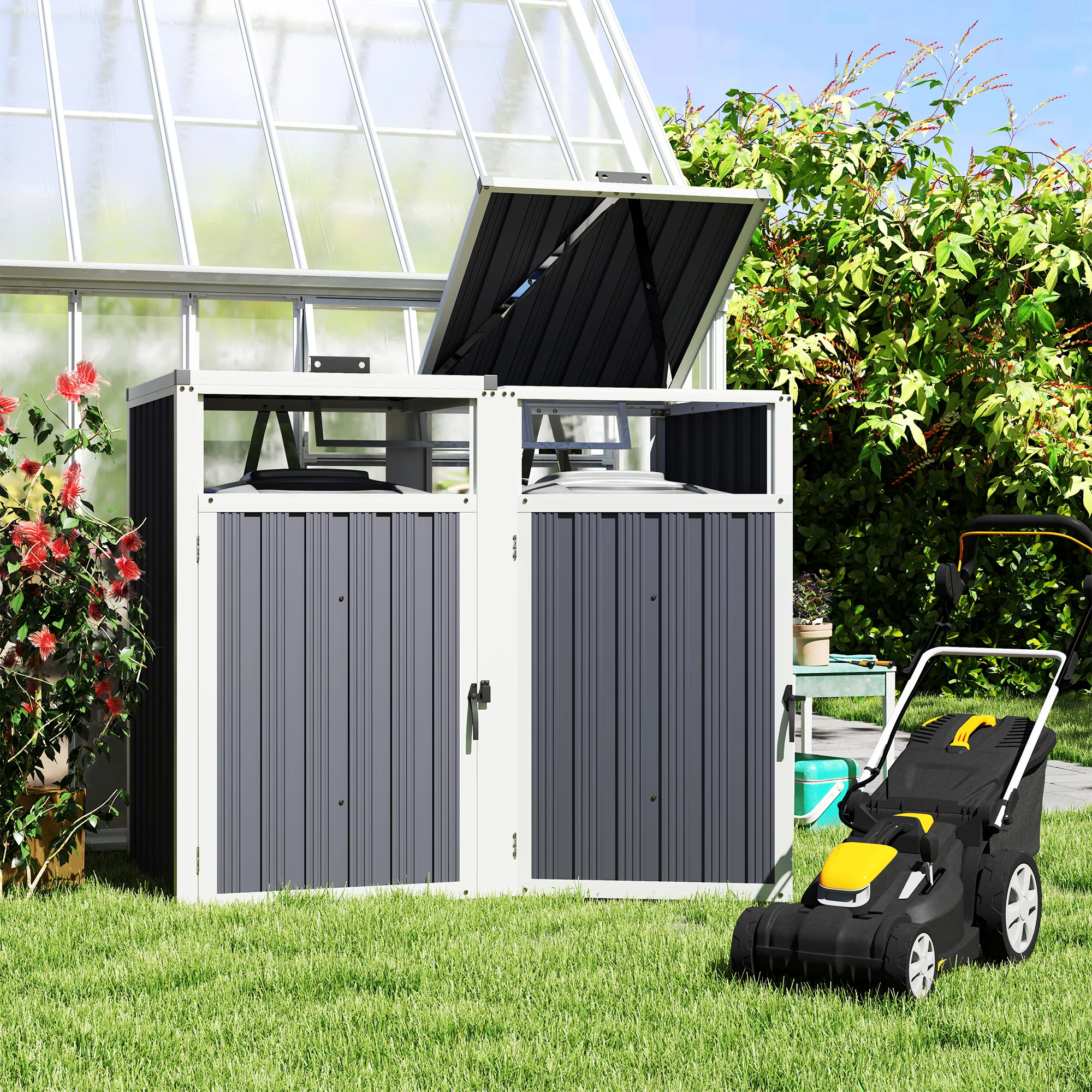 Outsunny Casetta per Spazzatura Esterna a 2 Sezioni, Capanno da Giardino con Coperchio Sollevabile 180°, in Acciaio Zincato, per Giardino Patio, 146x8