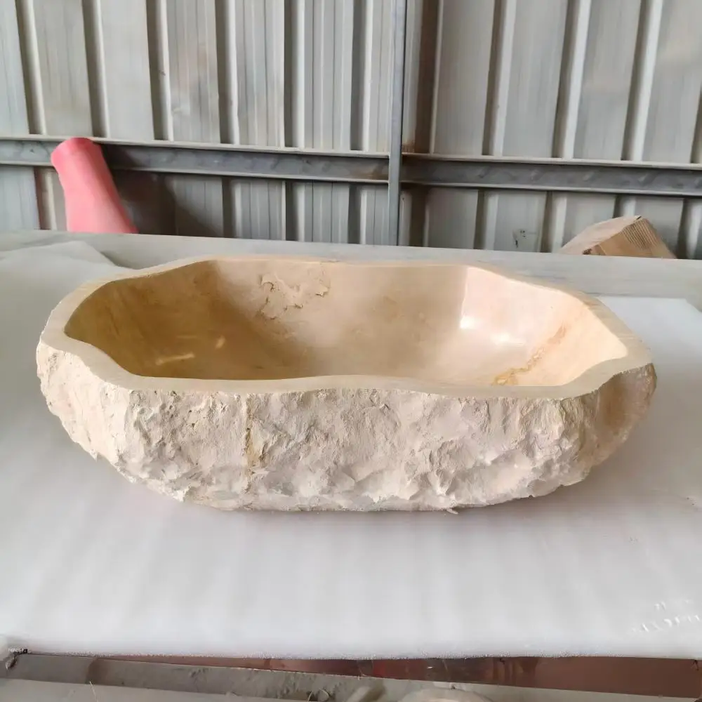 Natural Travertine Vessel Sink Irregular Raw Edge Stone Bathroom Sink For Luxury Home & Villa