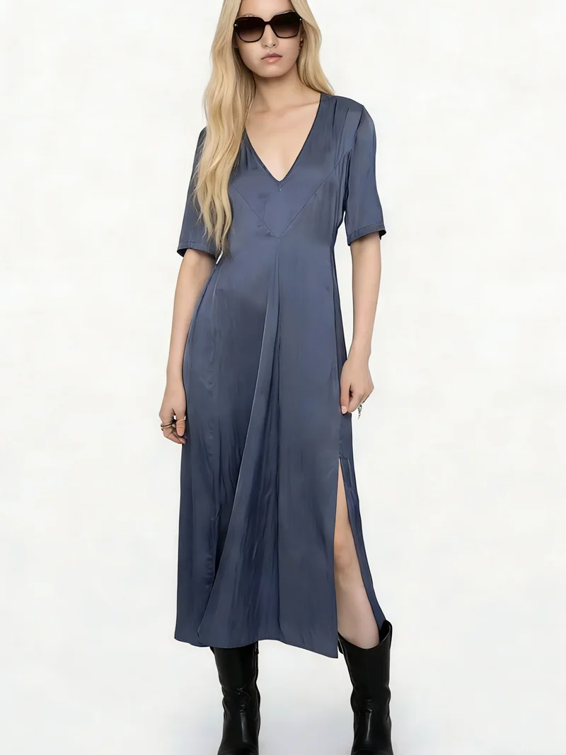 Dress for Women in Spring 2026 High-quality Fashion Elegant and Silky Blue V-neck Side Split Waistband Short Sleeved Long Skirt