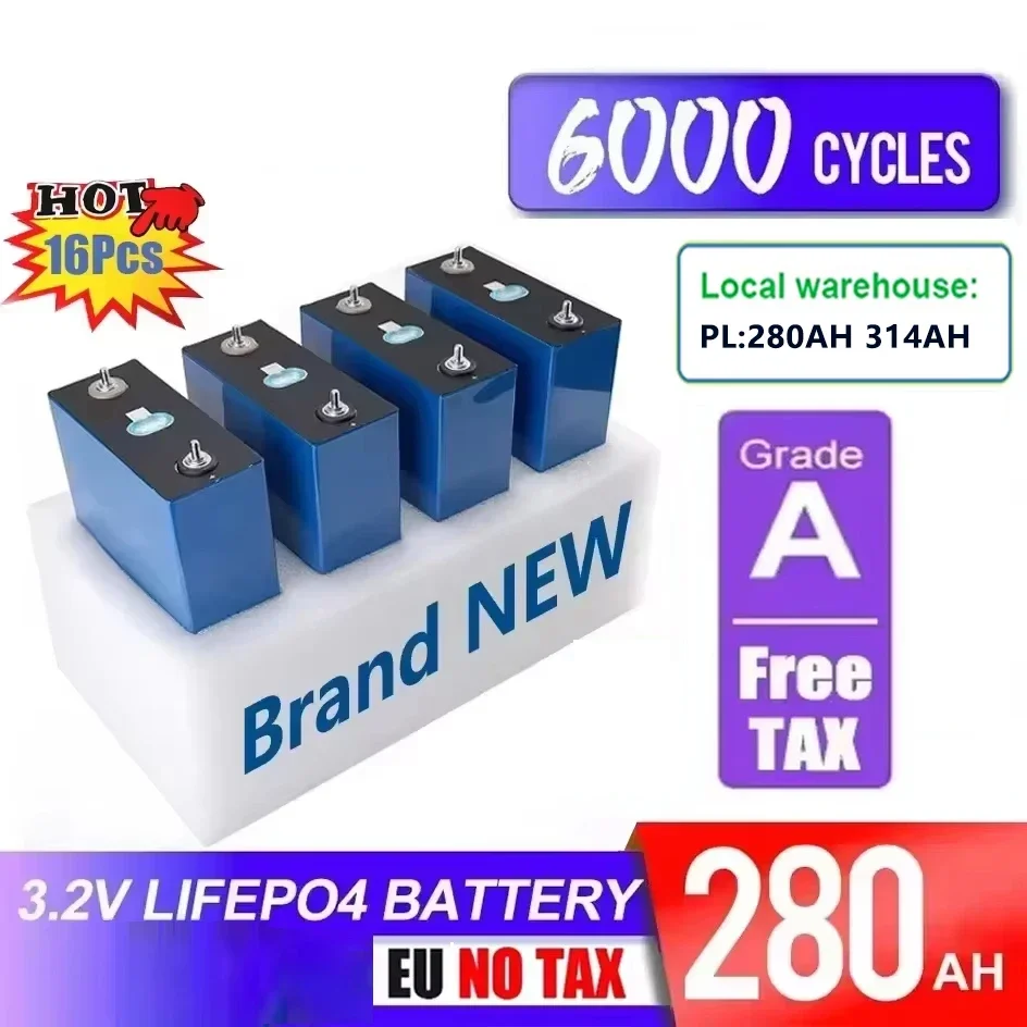 3.2V 280Ah LiFePO4 Battery Rechargeable EVE Cell New EVE280AH 320AH Grade A For DIY 12V 24V 48V Battery Pack EU FREE TAX