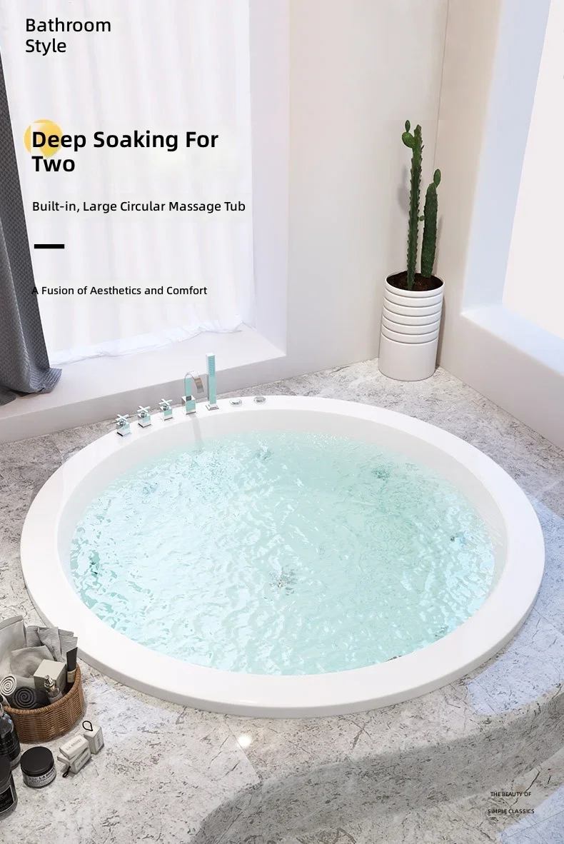 #Embedded Acrylic Bathtub, Round Whirlpool Massage, Constant Temperature Heating, Wooden Frame, Circular Design, 128cm Diameter