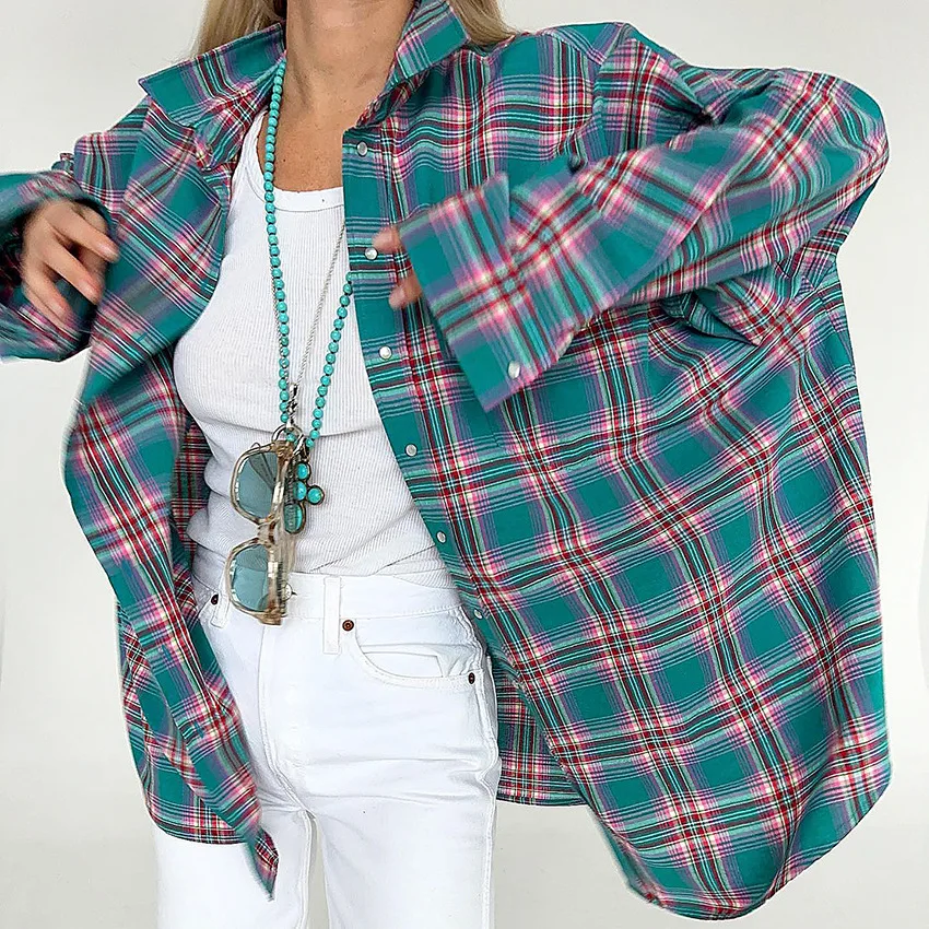 

Retro Plaid Women's Shirt 2024 Spring Fashion Long Sleeve Pocket Loose Shirt Women Streetwear Single-breasted Top Y2k Streetwear