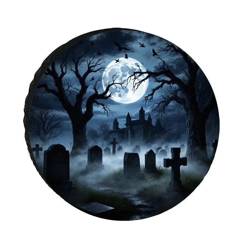 Spooky Graveyard Full Moon Tire Cover Durable Waterproof Polyester Spare Wheel Protector