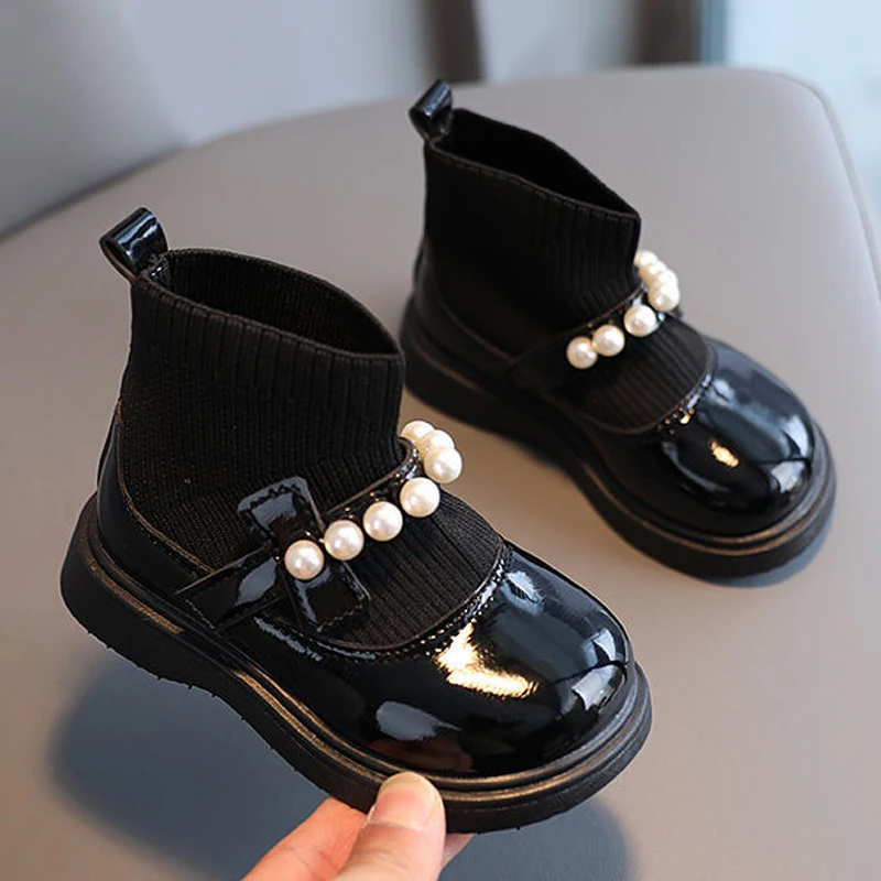 Fashion Pearl Knit Splicing Girls Ankle Boots Soft Bottom Kids Casual Shoes Princess Slip-on Children Boots Baby Sports Sneakers