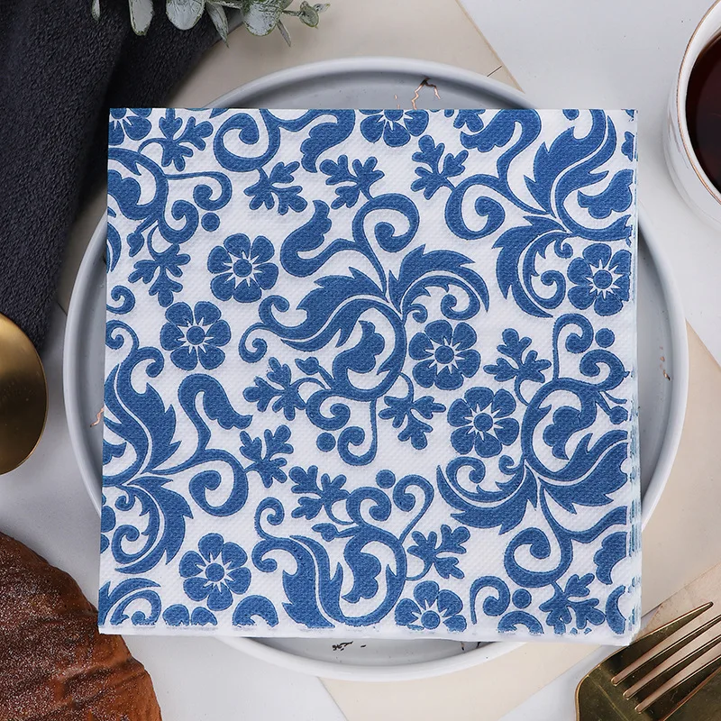 20Pcs Vintage Blue and White Porcelain Decoupage Paper Napkins Flowers Paper Tissues for Party Tableware Decor Wedding Supplies