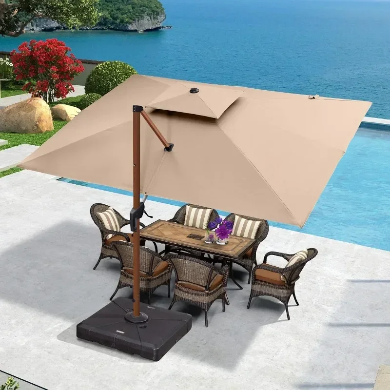 PURPLE LEAF 9' X 12' Double Top Deluxe Wood Pattern Rectangle Patio Umbrella Offset Hanging Umbrella Outdoor Market Umbrella