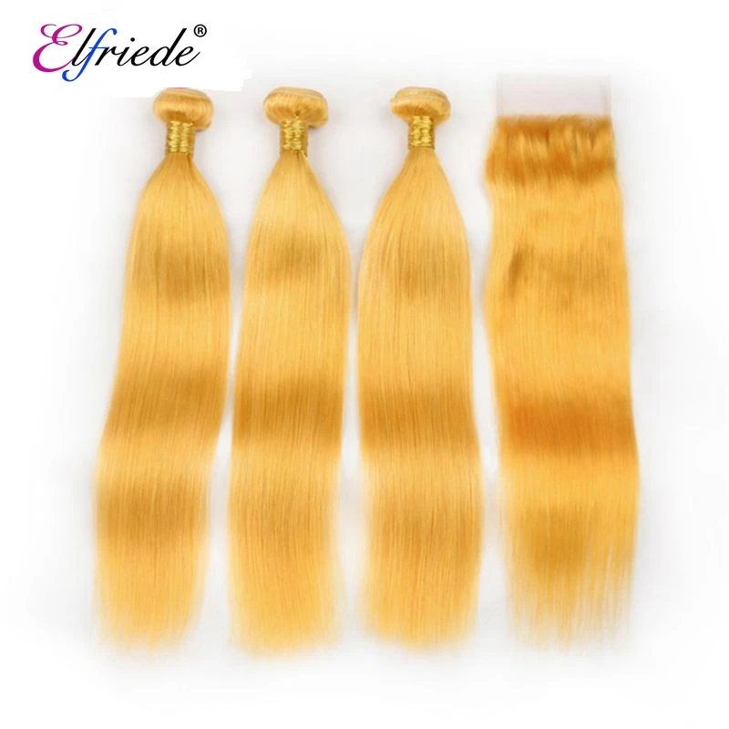 Elfriede #Yellow Straight Hair Bundles with Closure 100% Remy Human Hair Weavings 3 Bundles with 4X4 Transparent Lace Closure