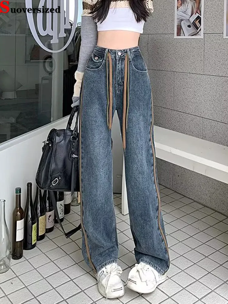 

Прямые полосатые джинсы на шнурке, свободные модные корейские широкие джинсовые брюки на шнуровке, мешковатые широкие брюки с высокой талией