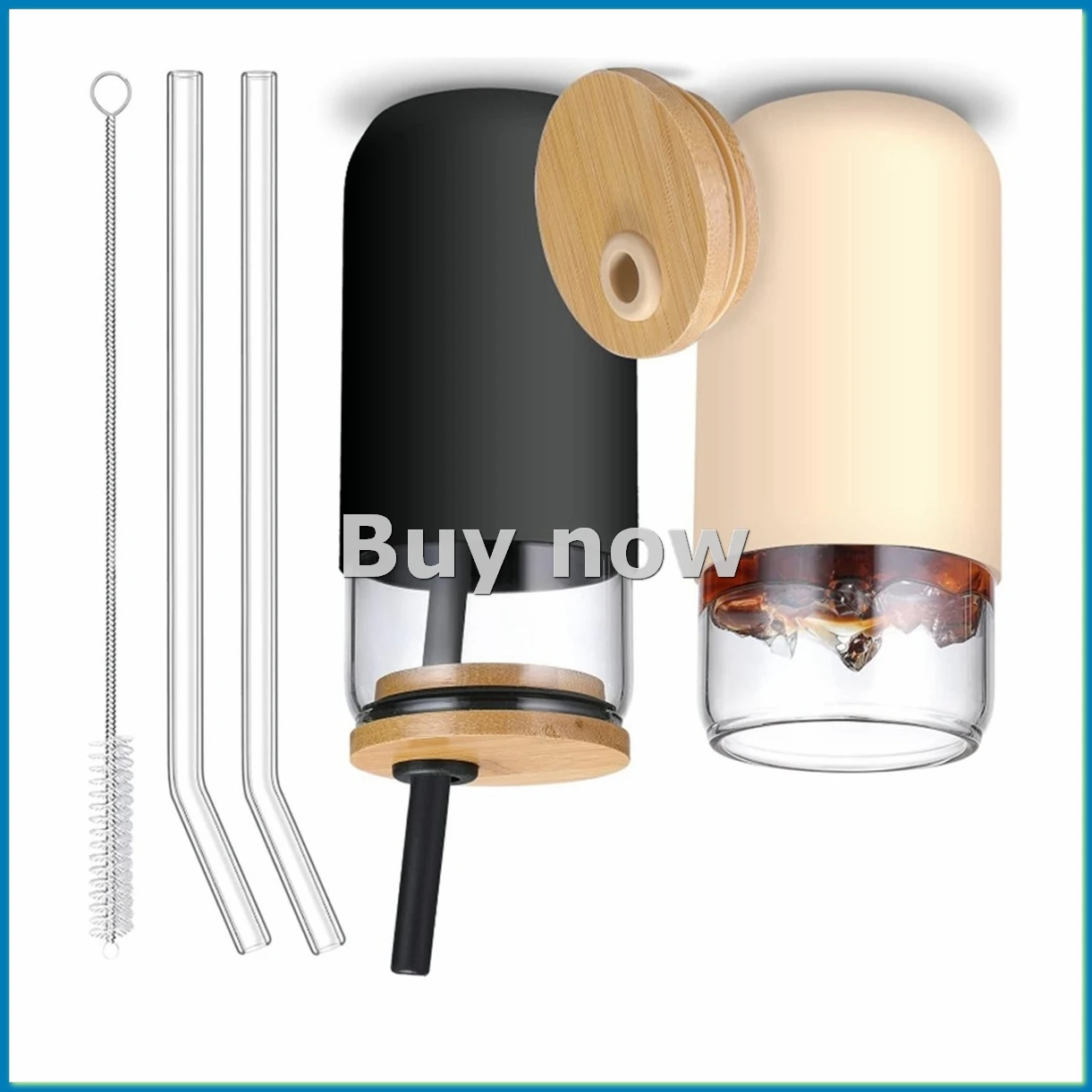 2Colors 20 OZ Glass Cups with Bamboo Lids and Straws - Beer Can Drinking Glasses with Silicone Protective Sleeve Set-ABHG
