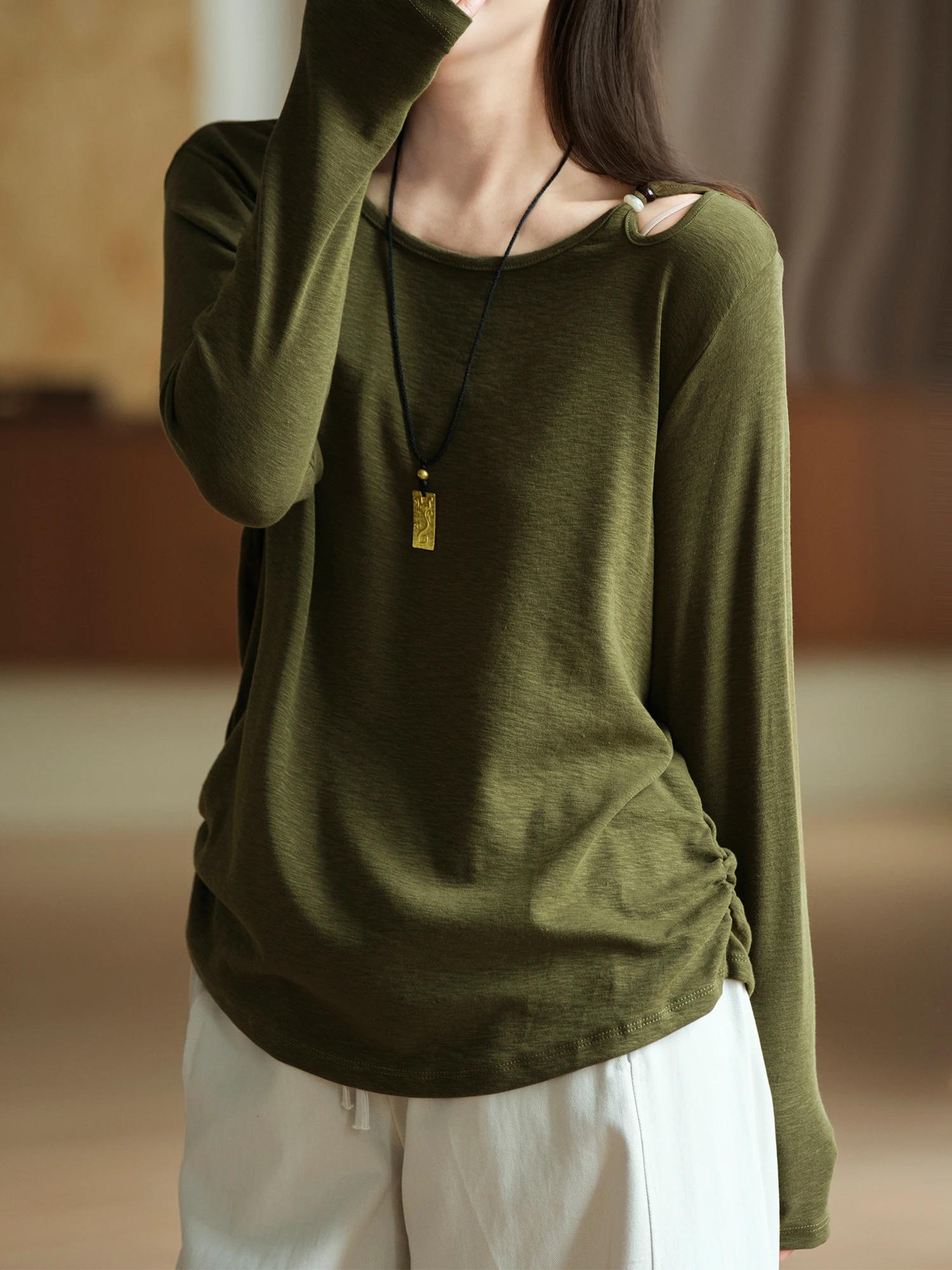 Long Sleeve T-Shirt Women's Casual Style Standard Fit Breathable Cotton Polyester Blend Shoulder Pleated Design Comfortable