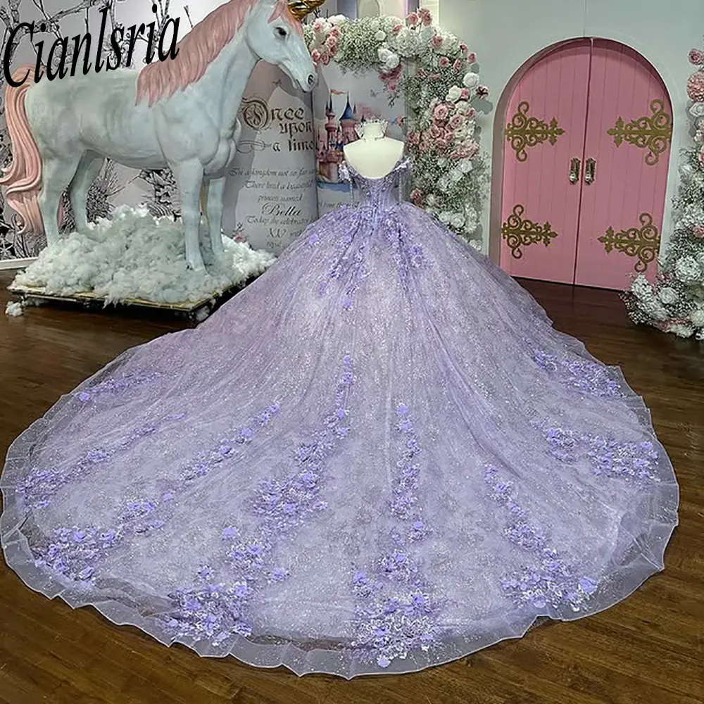 Lilac Beading Tassel Quinceanera Dress Ball Gown 3D Flowers Appliques Lace Corset Sweet 16 Vestidos De XV 15 Anos