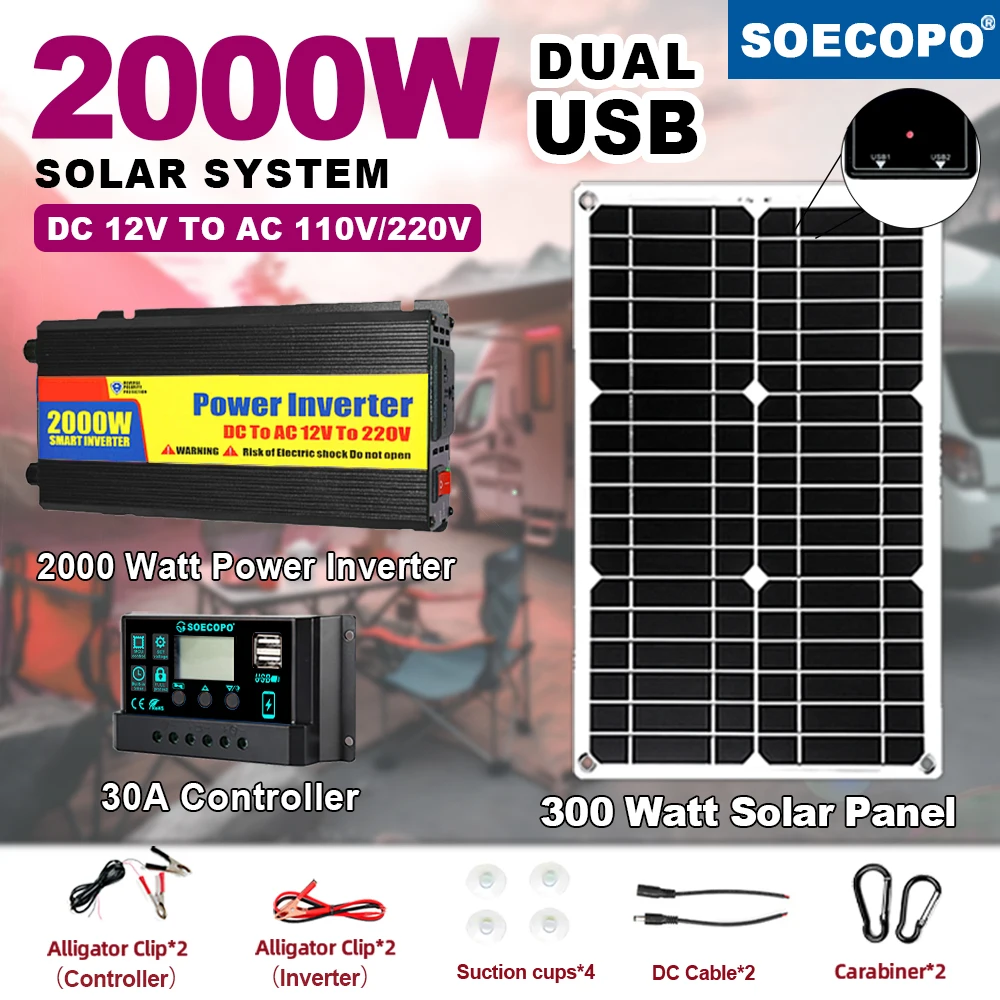 

2000W Solar Kit 2000W Inverter DC 12V to AC 220V 300W Solar Panel 30A Charge Controller for Home Camping Outdoor Use