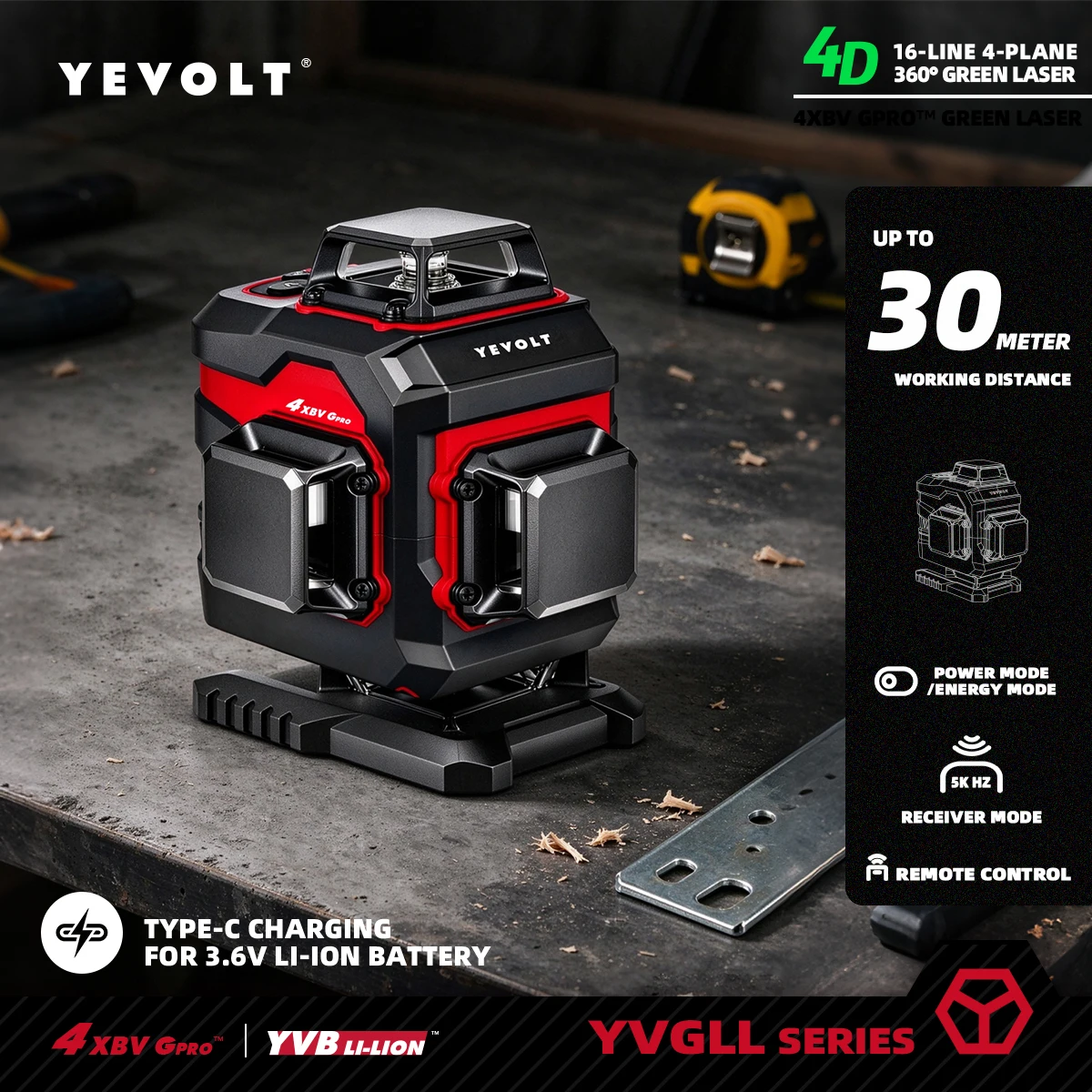 YEVOLT 4x360° Green 16 Line 4D Self Level Laser Level Tools Household DIY Window Sill Tile Wall Trim Interior Remodeling Tasks