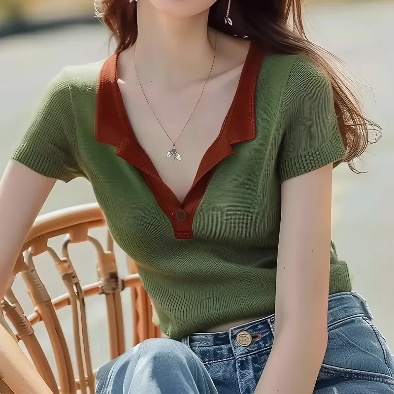 

French All Match Fashion Contrasting Slimming Knitwear New Chic and Unique Popularity Temperament Classic Top