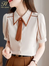 H Han Queen New Simple Summer Elegant Single-Breasted Chiffon Blouse Womens Loose Casual Vintage Shirts Simple Basic Office Tops