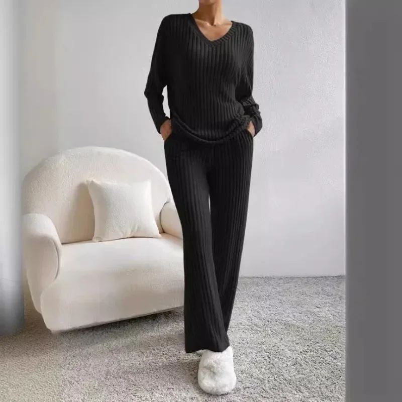 2024 Women's Solid Casual Loose V-Neck Tops Pants Sets Autumn Two Pieces Suit Ladies Full Trousers Set Female Outfit Homewear image 6