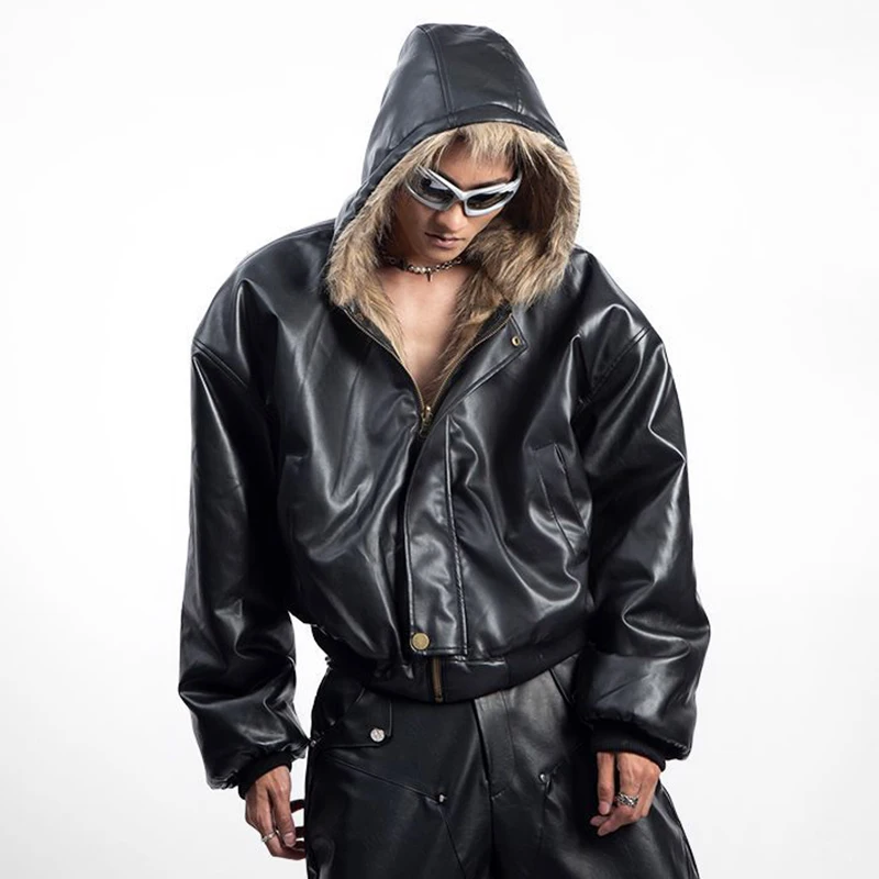 النمط الأمريكي الرجال السترات المبطنة بولي Leather الجلود عكسها فو الفراء الصوف سميكة بلون فضفاض الذكور معاطف المد #5