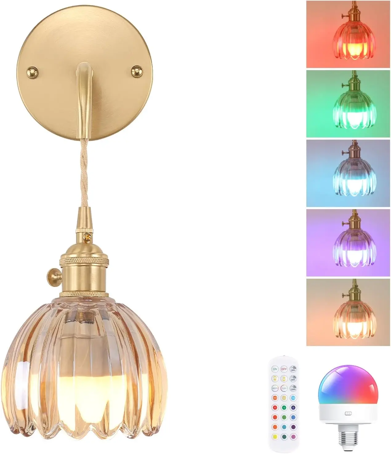 1P,LED charging Wall Light, Vintage metal lamp cup Adjustable Wire, Thick Glass Shade, RGB Bulb with Remote, for Bedroom, Study