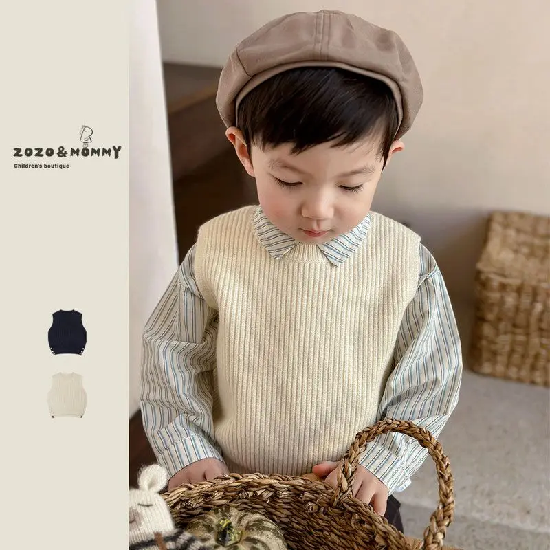 

Spring Autumn Fashion Childent Coat Boys Knit Sweater Vest+Long sleeve Stripe Shirt 2Pcs Kids Suits Streetwear Casual Clothes