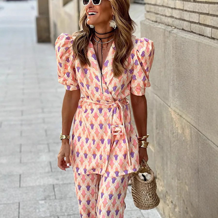 Women's Lace-up Printed Two-piece Set Lantern Sleeve Long Pants. Smart Fit Simple. 3033 Lace Beach Clothes