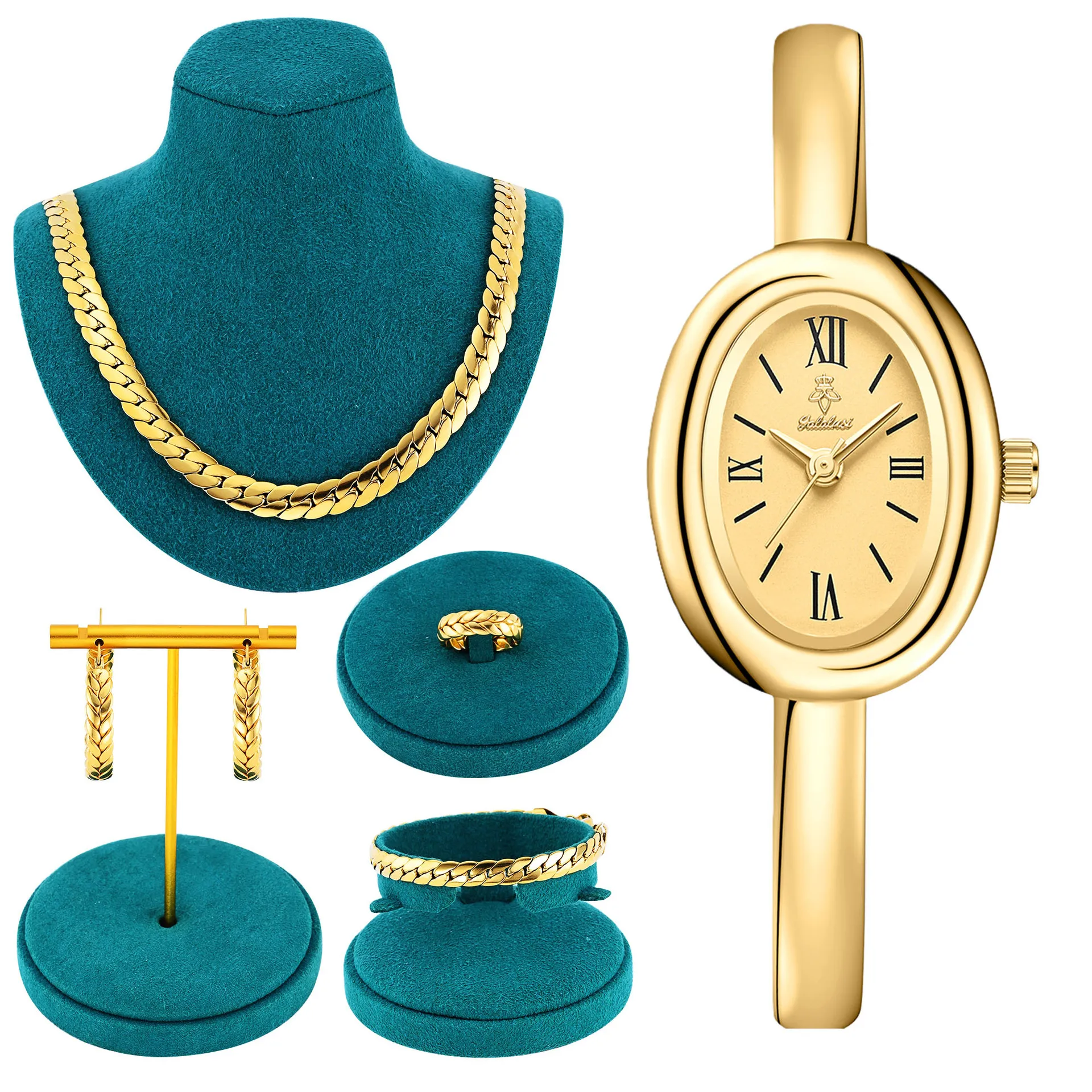 Nuevo collar, reloj, pulsera, conjunto con caja de regalo, conjunto completo de joyería de oro, reloj de mujer de lujo de alta gama, regalo perfecto para mujeres.