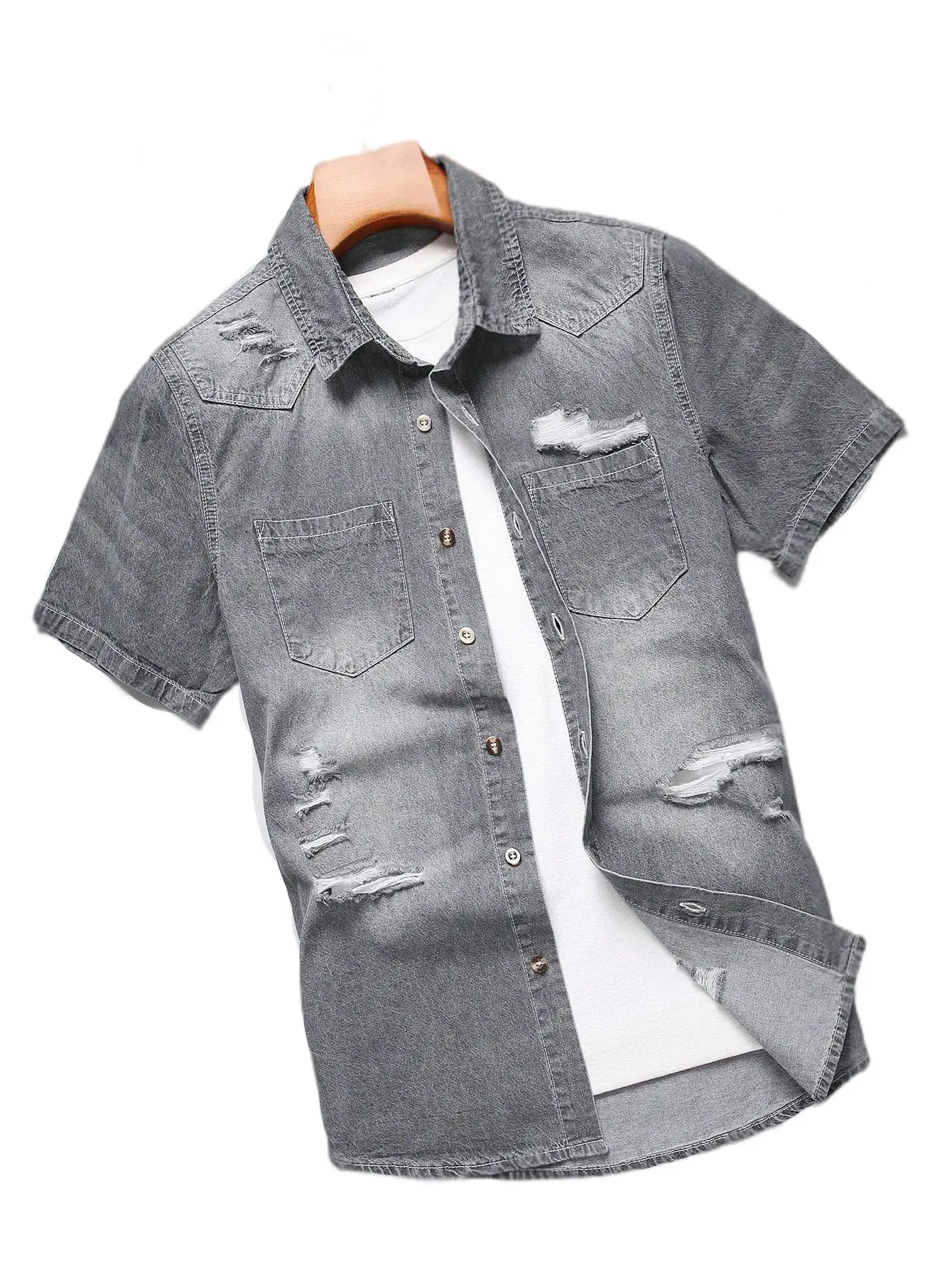 

Pop Men's Summer Grey Denim Short Sleeve Shirt With Distressed And Ripped Details, Urban Street Fashion Casual Style