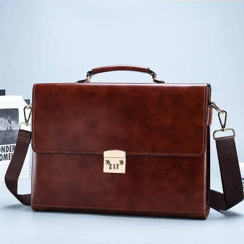 High Quality Men's Simple Handbags Vintage Password Lock Briefcase Large Capacity Business Computer Bag Satchel
