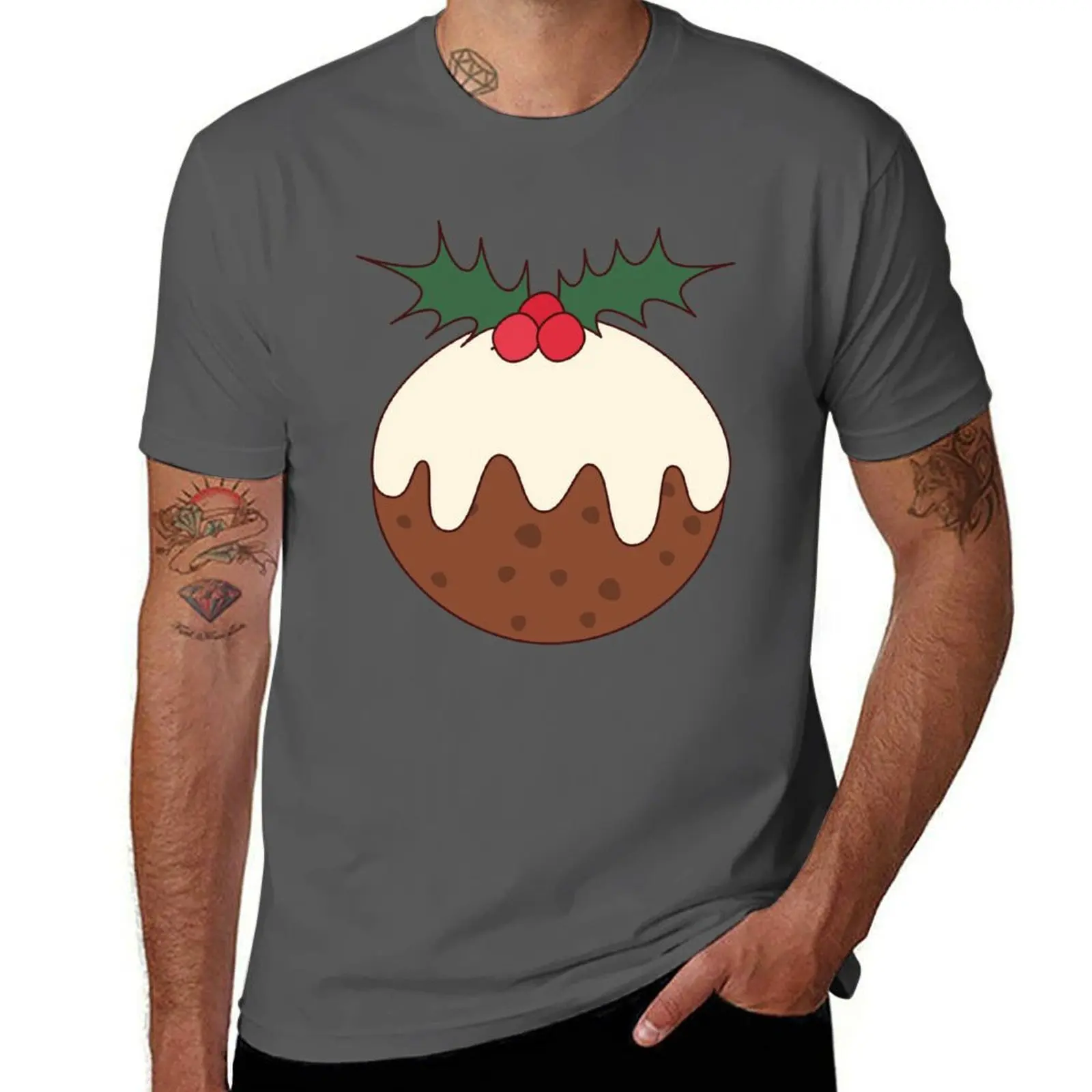 

Iced Christmas Pudding Figgy Pudding Plum Pudding Holly T-Shirt t shirt man cotton T-Shirt