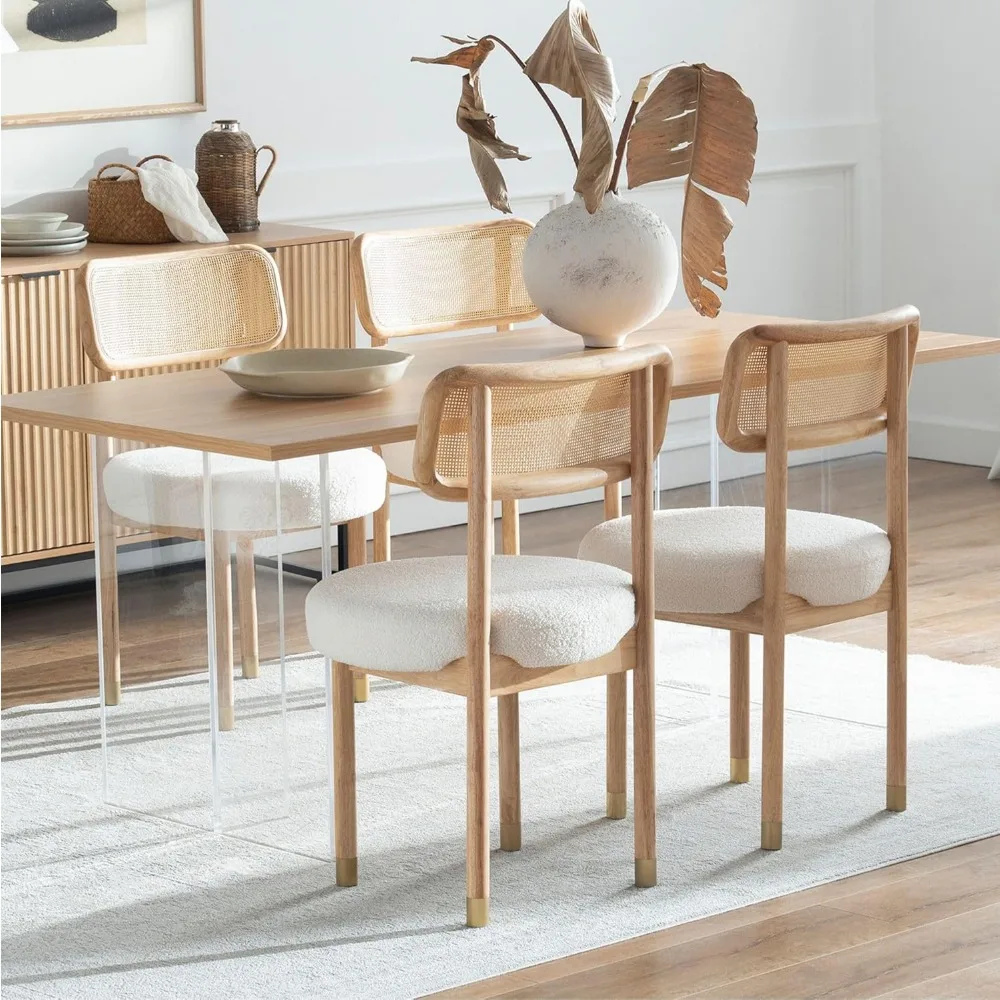 

Farmhouse Rattan Dining Chairs Set of 4 with Cane Curved Back, Upholstered Dining Room Chairs with Wood Legs, Sherpa Armless Sid