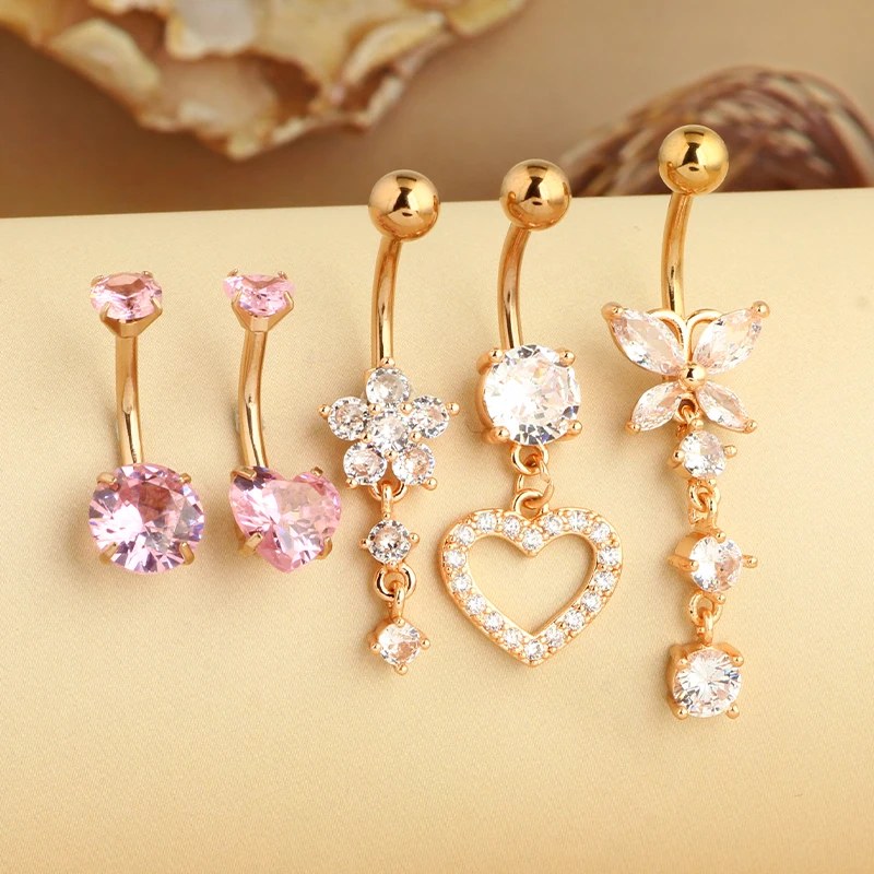 5PCS Cute Dangle Belly Ring Pack, 14G Navel Piercing Set