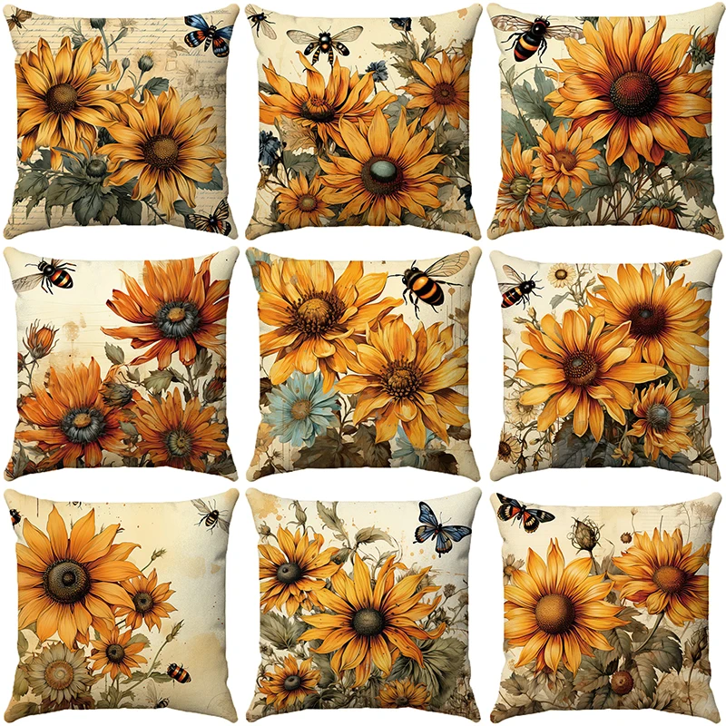 

Summer Sunflowers Print Pillowcases Home Decor Sofa Pillow Cover 45x45cm Pillows Bee and Butterfly Decorations Cushion Cover