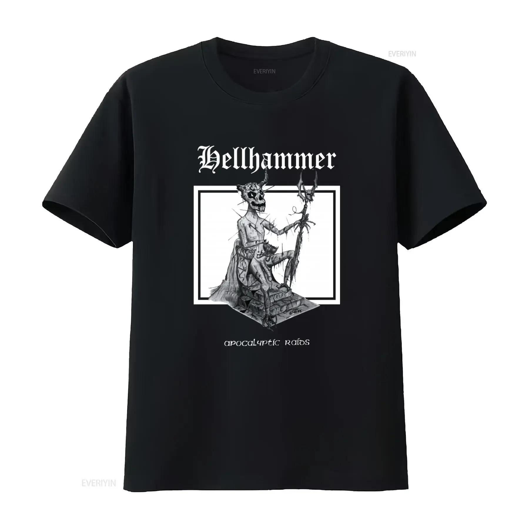 Hell Hammer Apocalyptic Raids Gothic Skull Print T Shirt for Men Unique Design High Quality Fabric vintage Washed homme