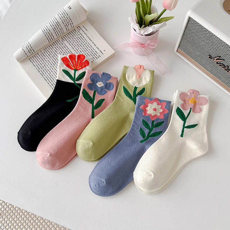 Japanese Korean Style Women Crew Socks Spring Autumn Candy Color Cute Cartoon Flower Harajuku Kawaii Casual Floral Mid Tube Sock